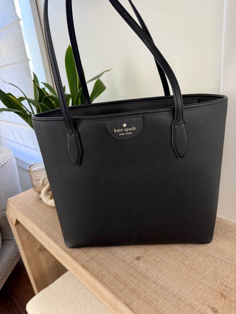 kate spade Black Pebbled Leather Tote with Gold Logo